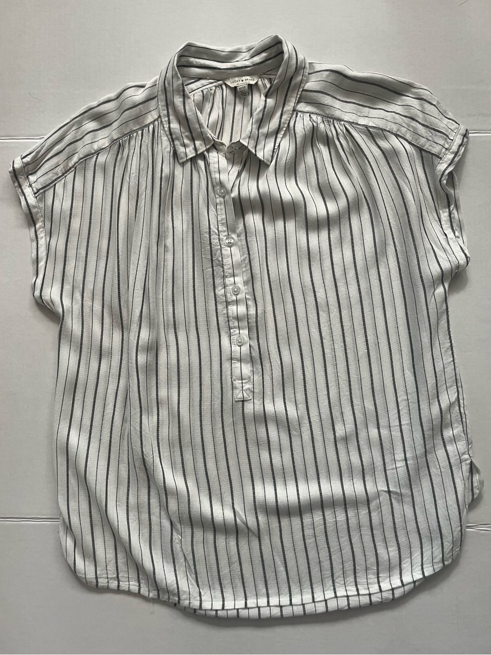 Button-Front White Blouse with Gray Vertical Stripes